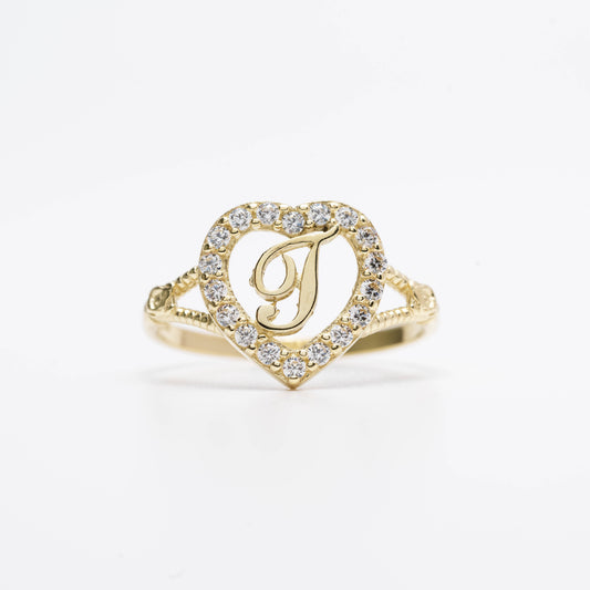 10K Heart Initial T Ring