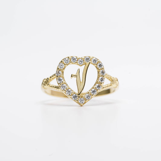 10K Heart Initial V Ring