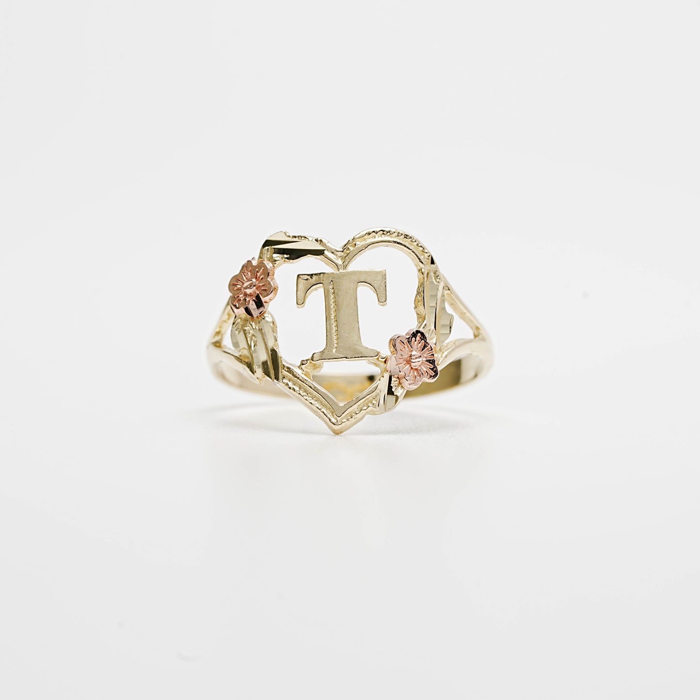 10K Heart Initial T Ring