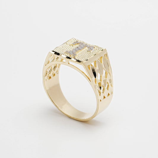 10K Two-Tone Initial T Ring