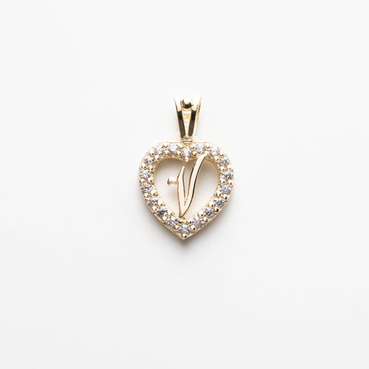 10K Gold Heart V Initial Pendant