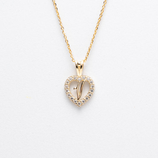 10K Gold Heart V Initial Necklace