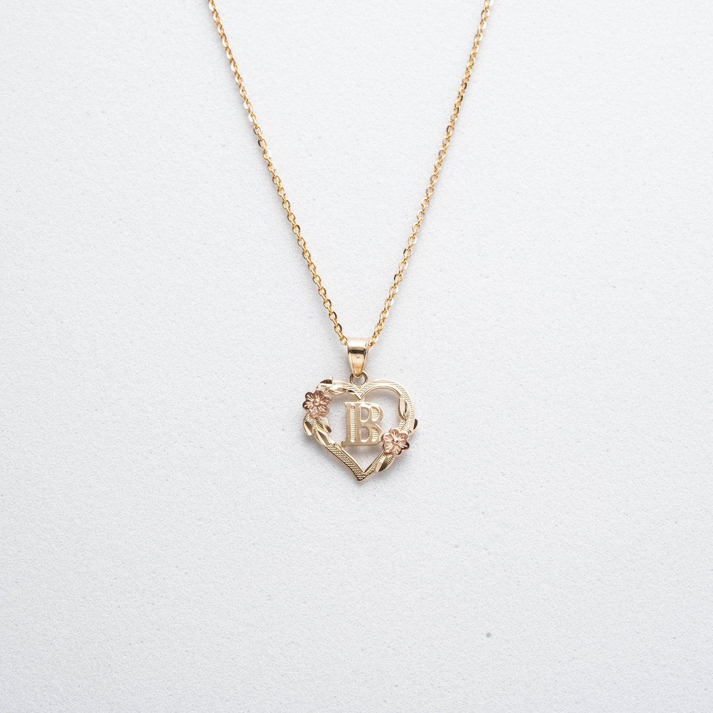 10K Rose Gold Blossom Heart B Initial Necklace