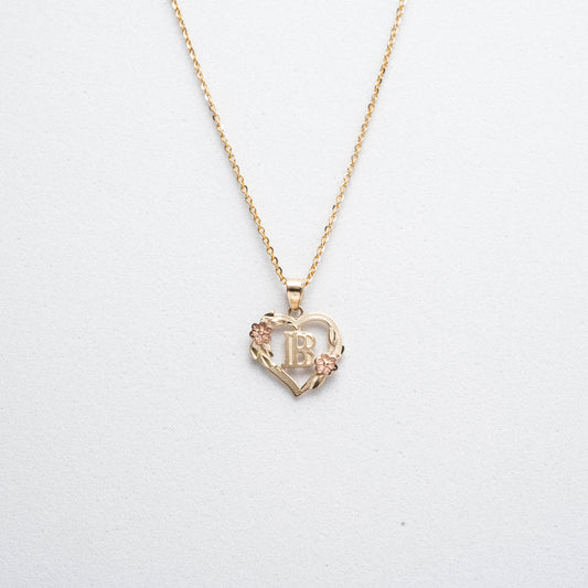 10K Rose Gold Blossom Heart B Initial Necklace