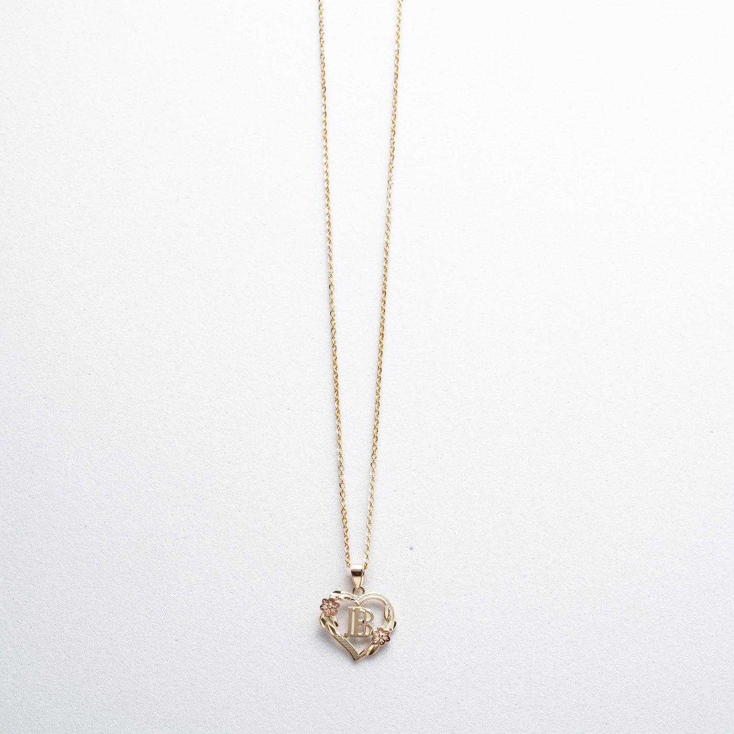 10K Rose Gold Blossom Heart B Initial Necklace