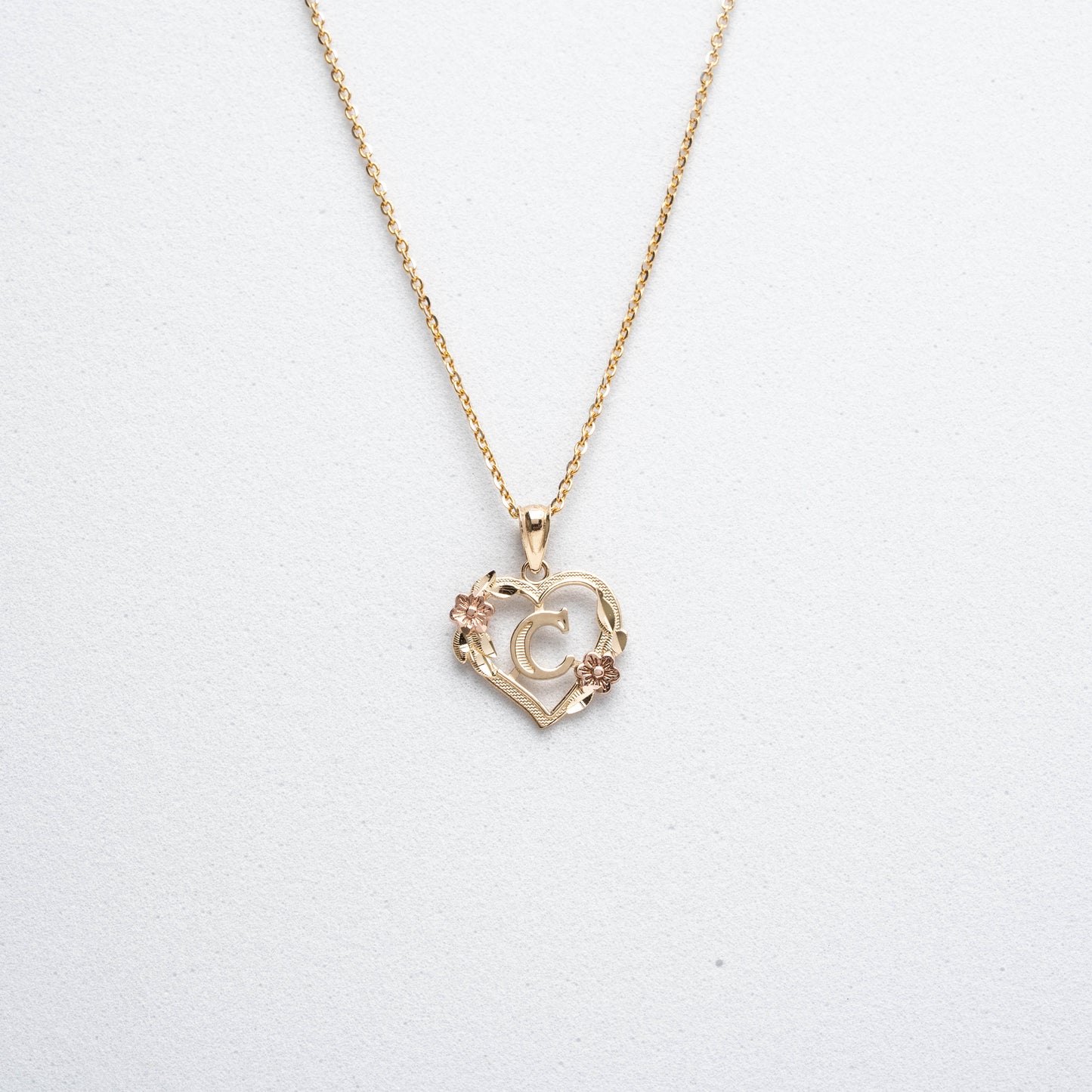 10K Rose Gold Blossom Heart C Initial Necklace
