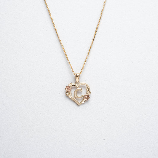 10K Rose Gold Blossom Heart C Initial Necklace