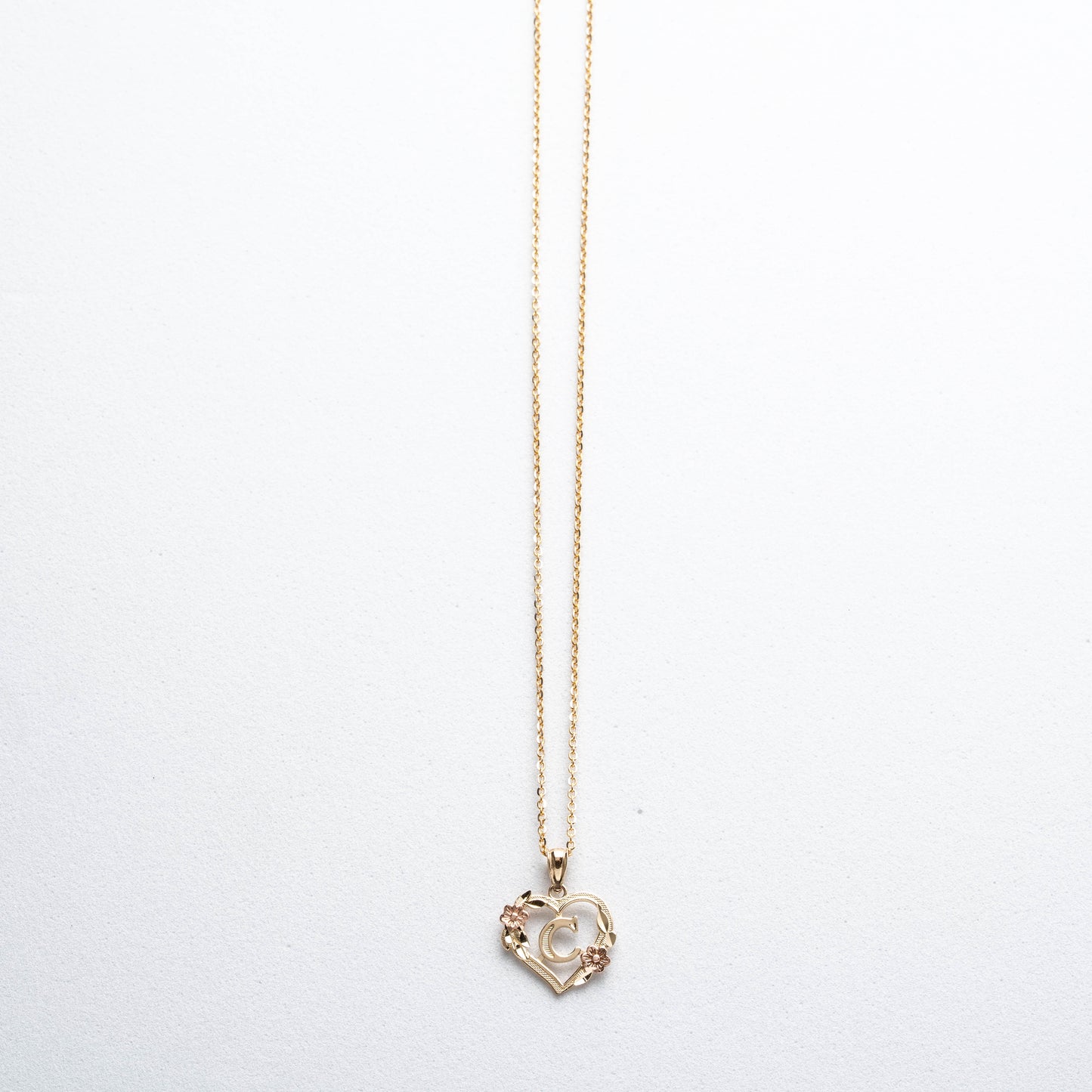 10K Rose Gold Blossom Heart C Initial Necklace