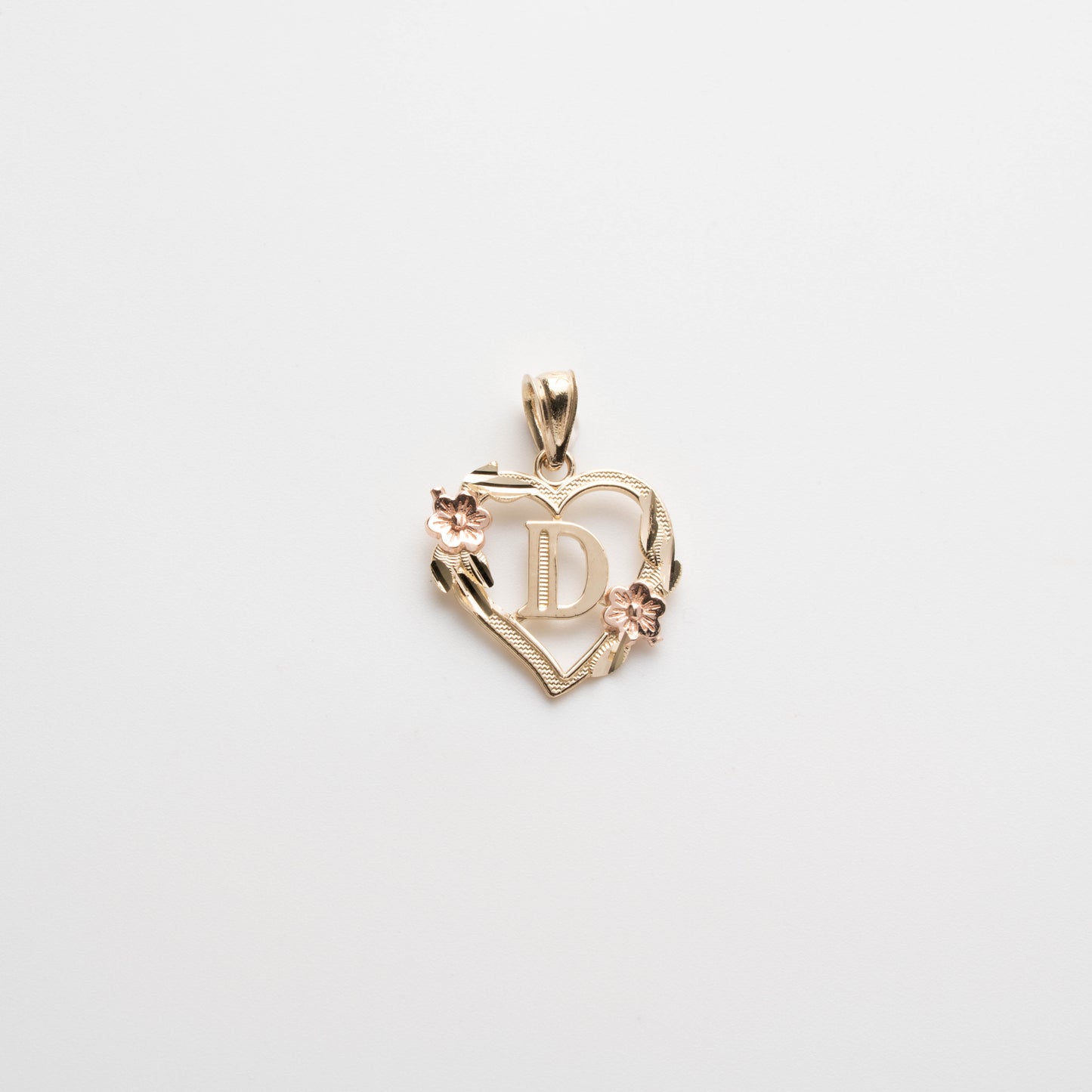 10K Rose Gold Blossom Heart D Initial Necklace