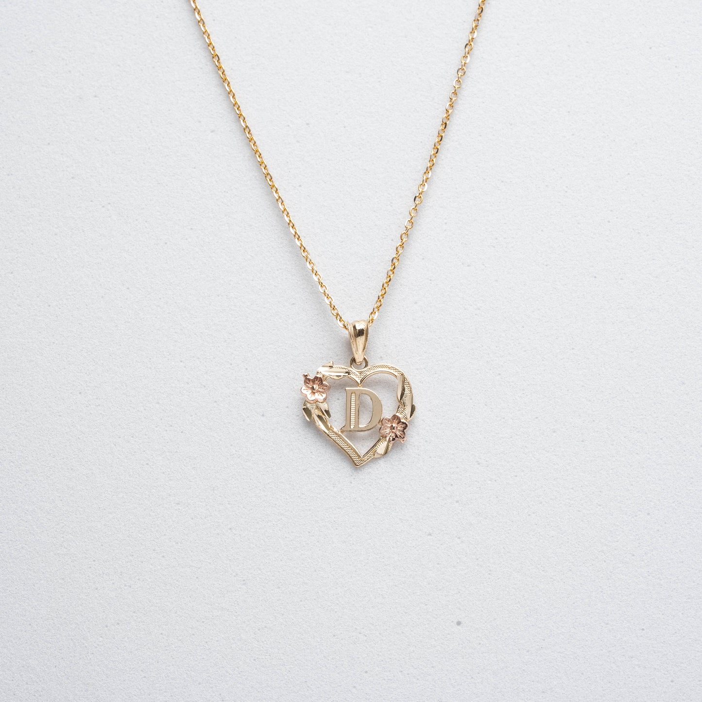 10K Rose Gold Blossom Heart D Initial Necklace