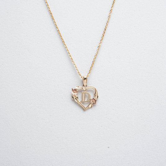 10K Rose Gold Blossom Heart D Initial Necklace