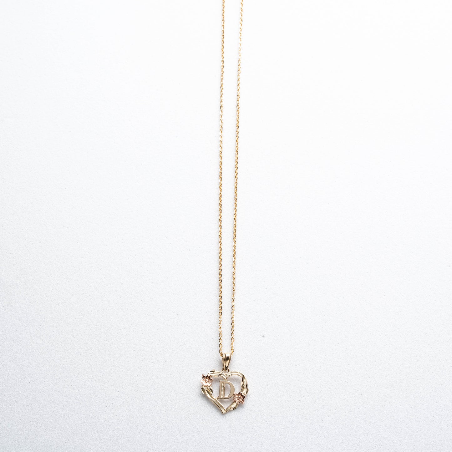 10K Rose Gold Blossom Heart D Initial Necklace