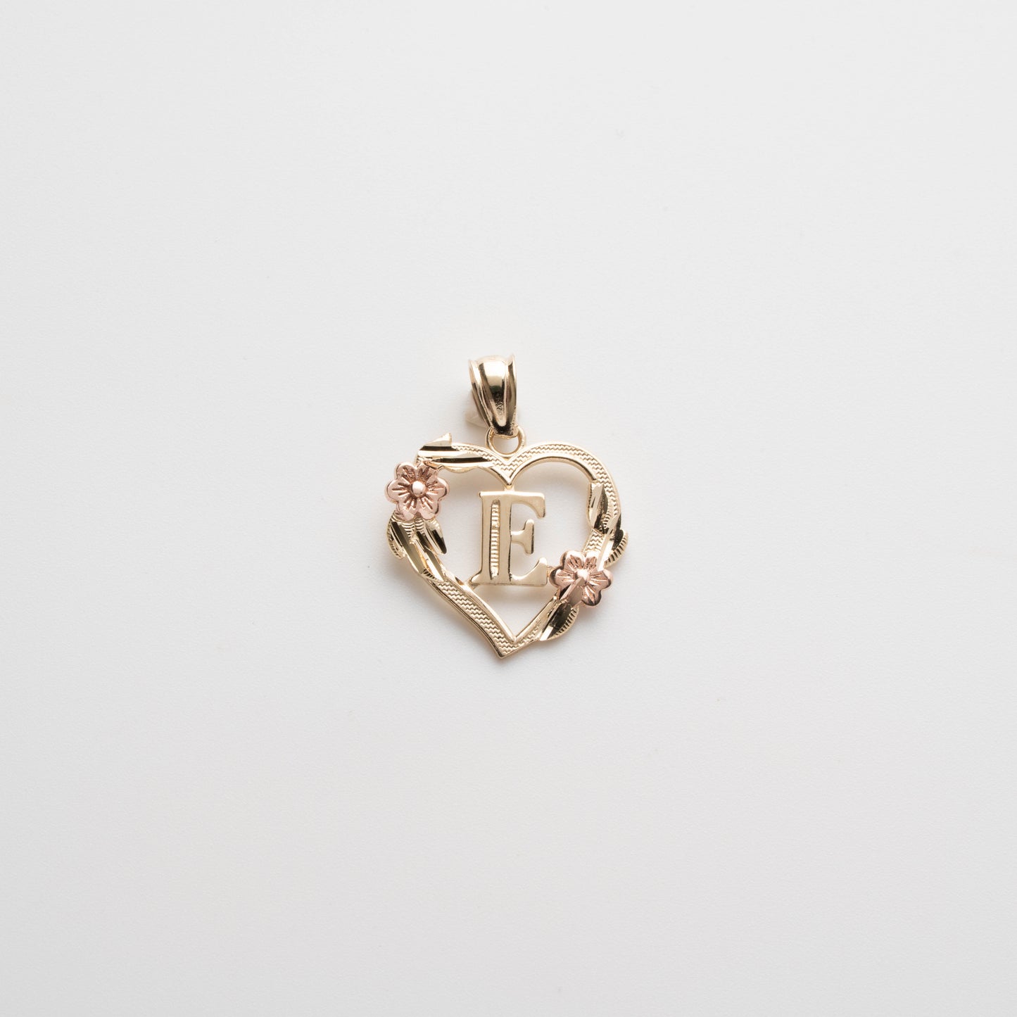 10K Rose Gold Blossom Heart E Initial Necklace