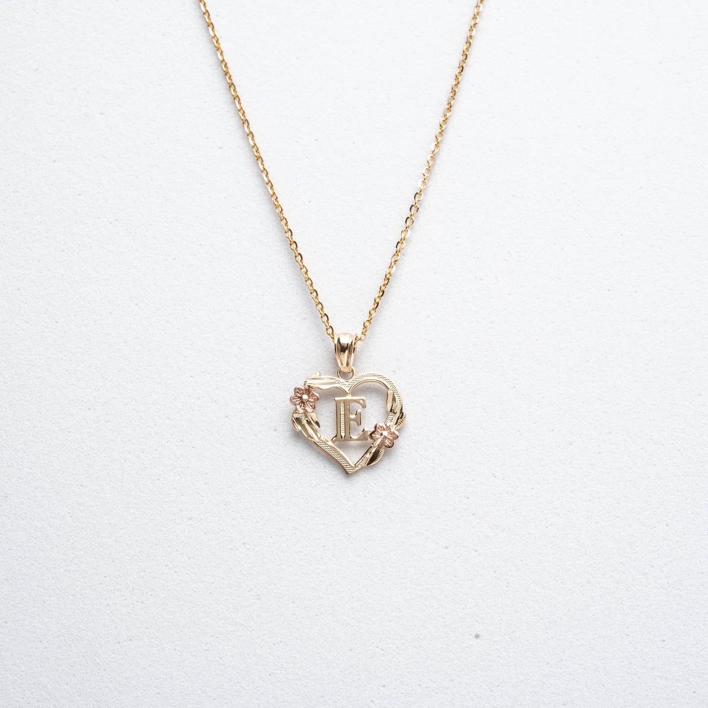 10K Rose Gold Blossom Heart E Initial Necklace