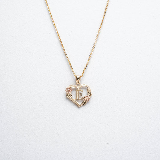 10K Rose Gold Blossom Heart E Initial Necklace