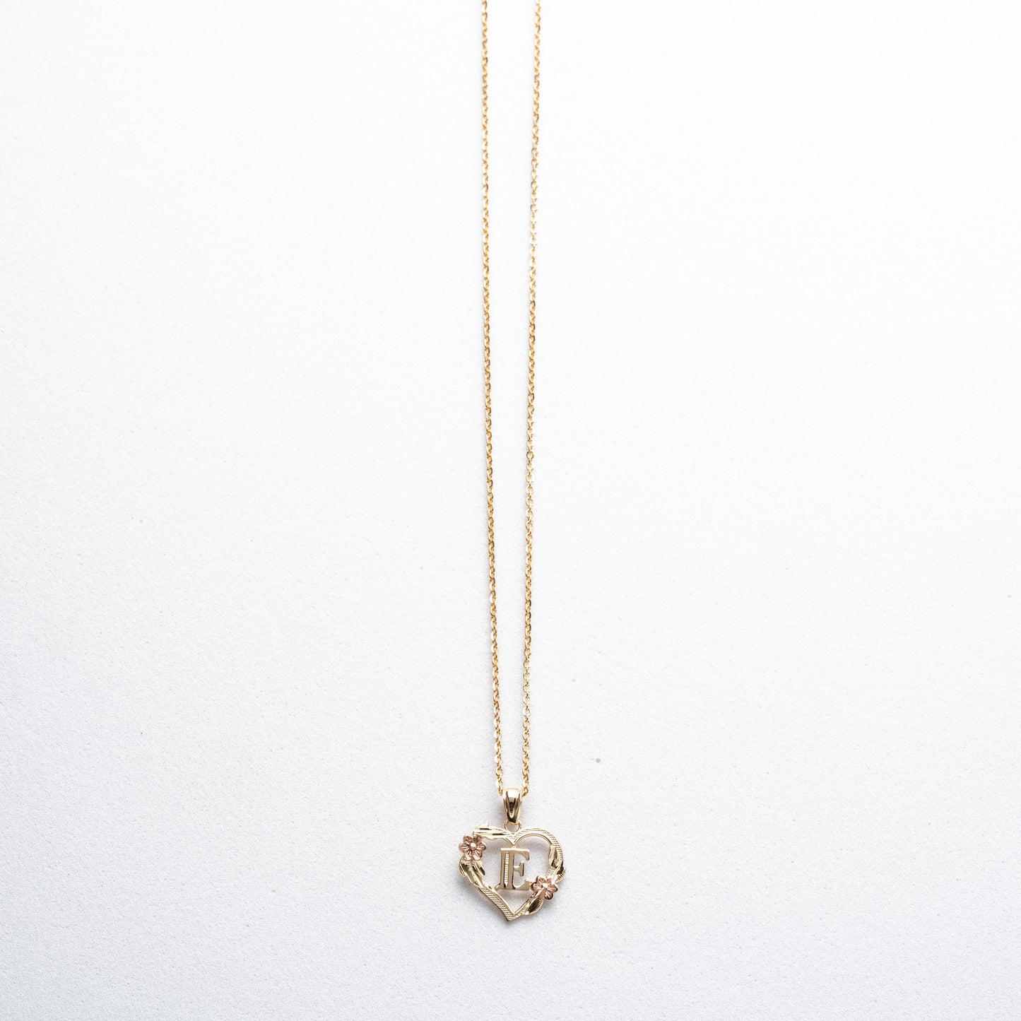 10K Rose Gold Blossom Heart E Initial Necklace