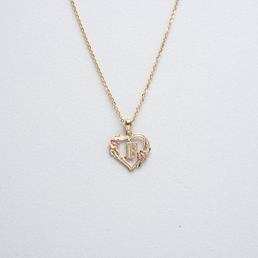 10K Rose Gold Blossom Heart F Initial Necklace