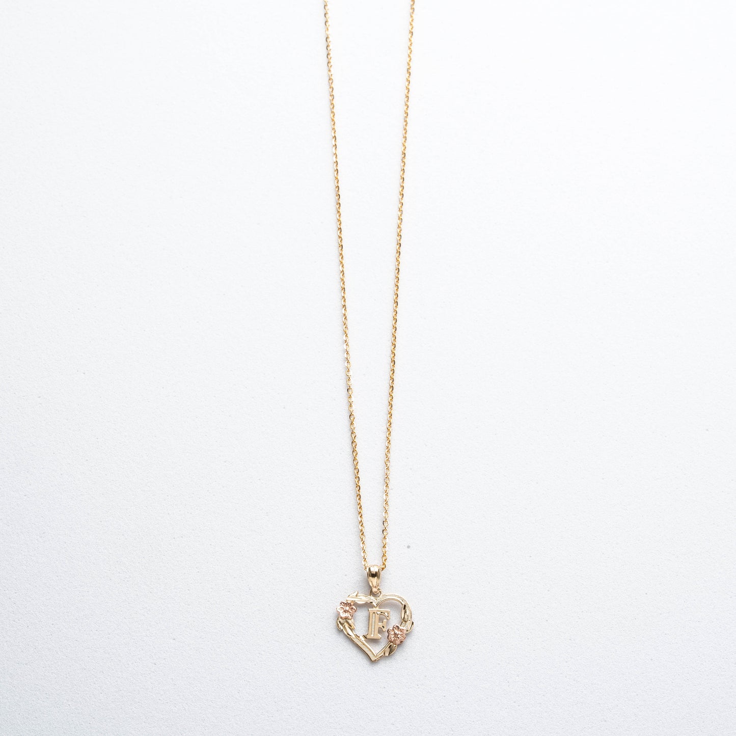 10K Rose Gold Blossom Heart F Initial Necklace
