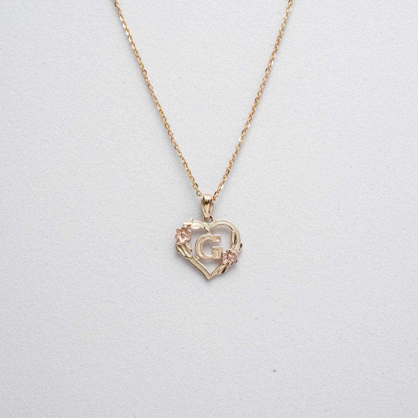 10K Rose Gold Blossom Heart G Initial Necklace
