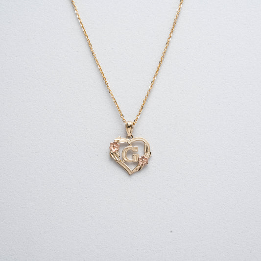 10K Rose Gold Blossom Heart G Initial Necklace