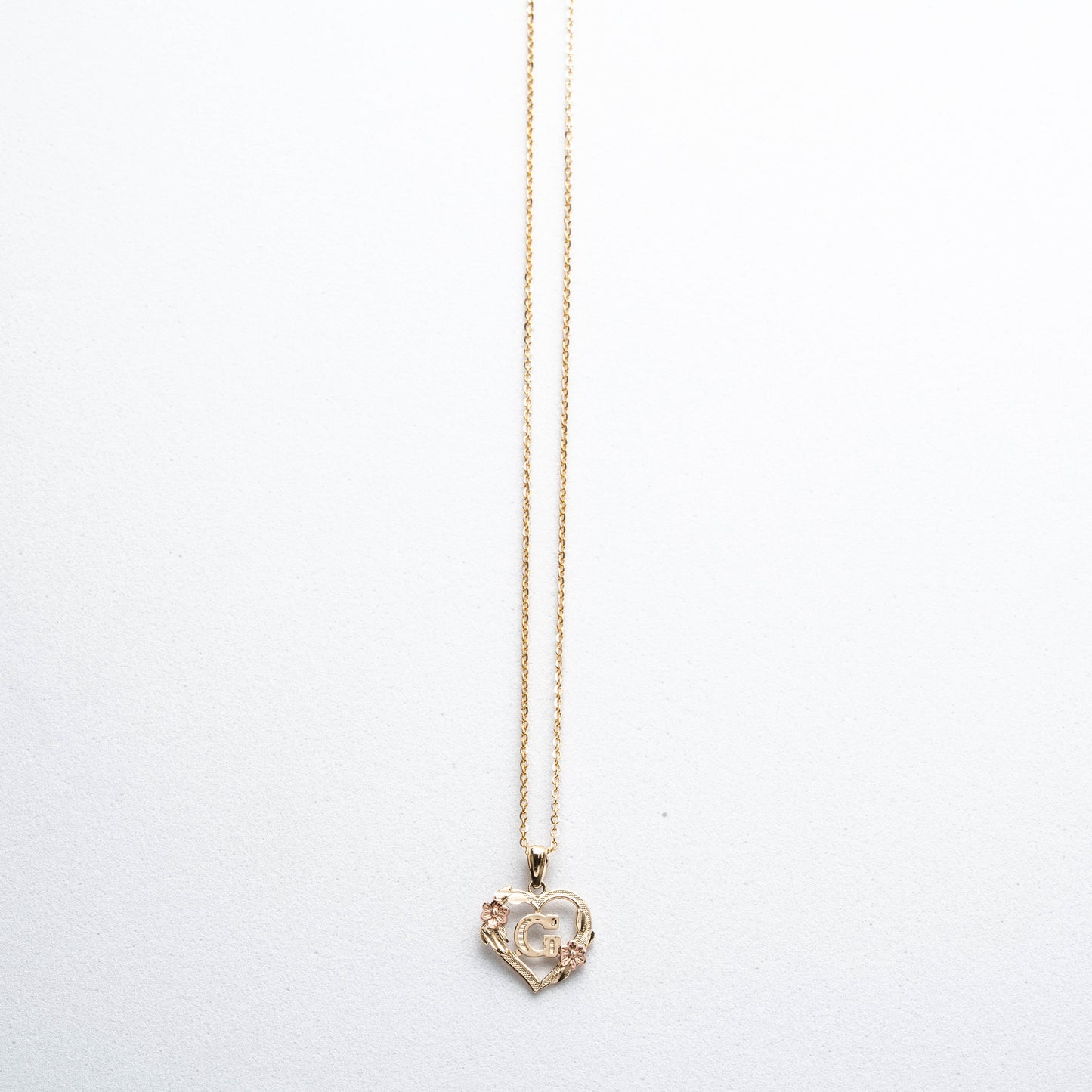 10K Rose Gold Blossom Heart G Initial Necklace