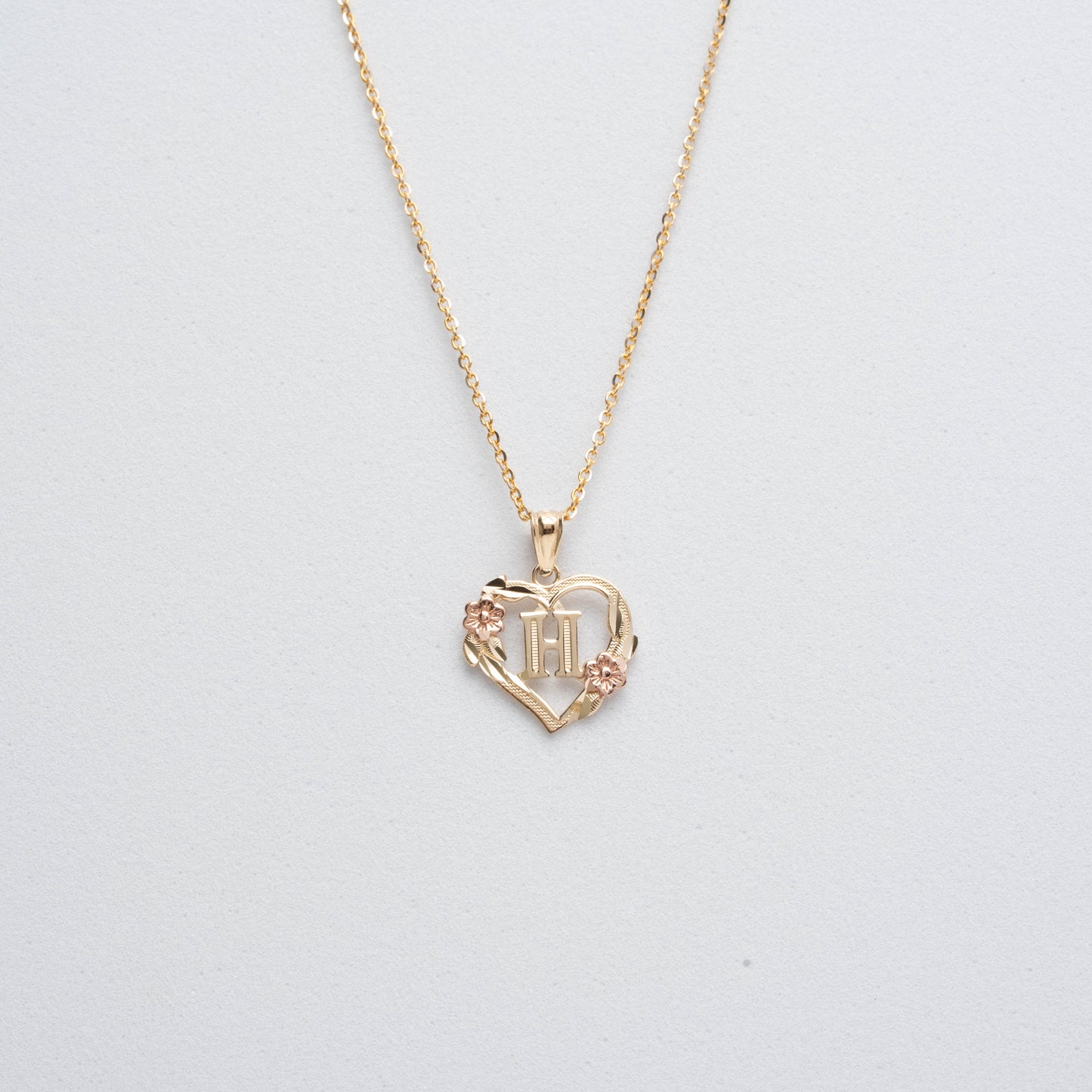 10K Rose Gold Blossom Heart H Initial Necklace