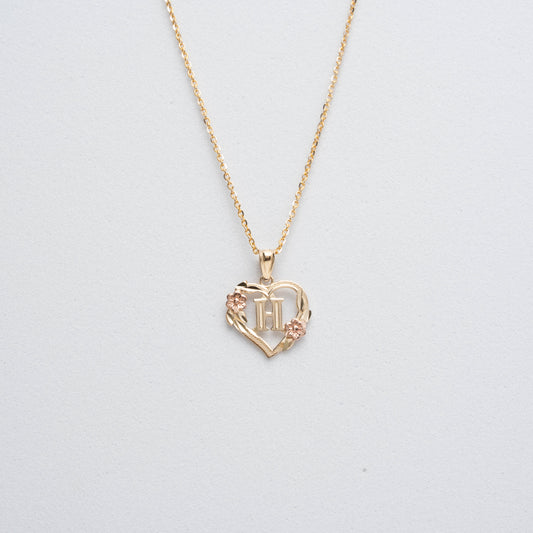 10K Rose Gold Blossom Heart H Initial Necklace