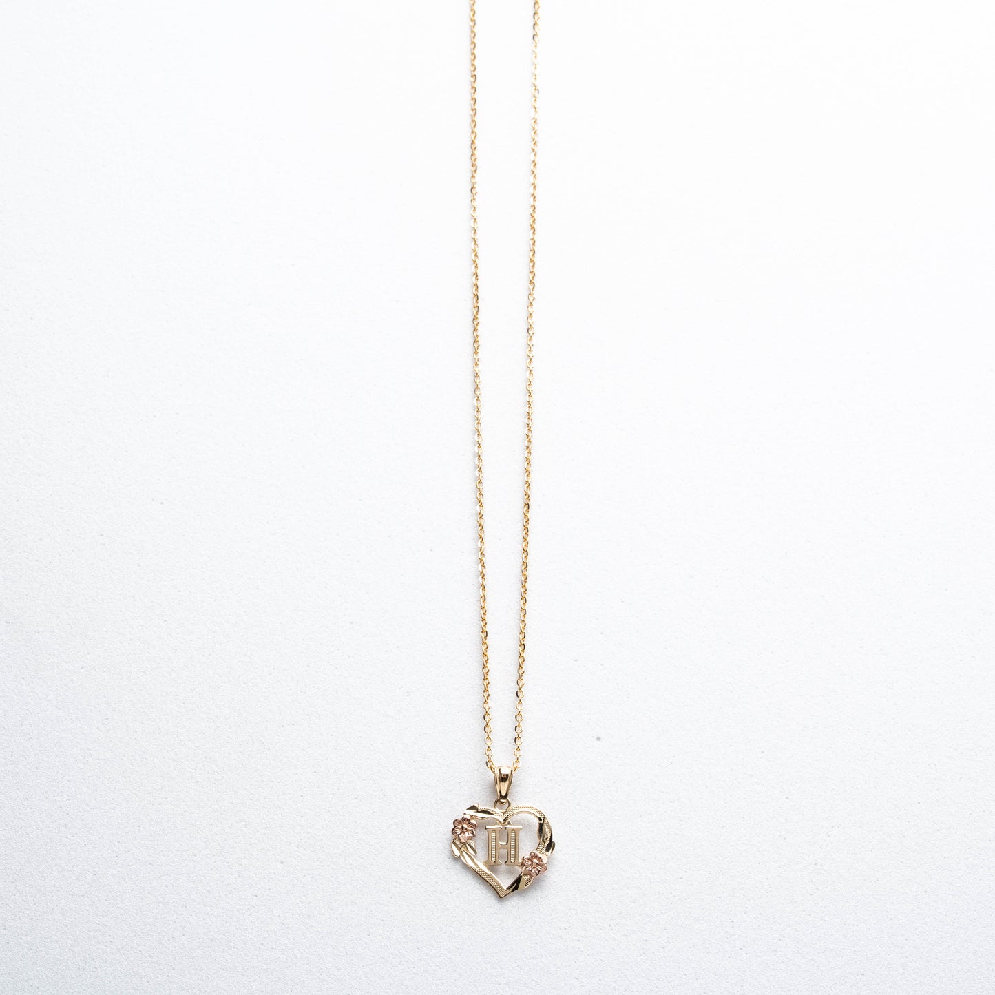 10K Rose Gold Blossom Heart H Initial Necklace