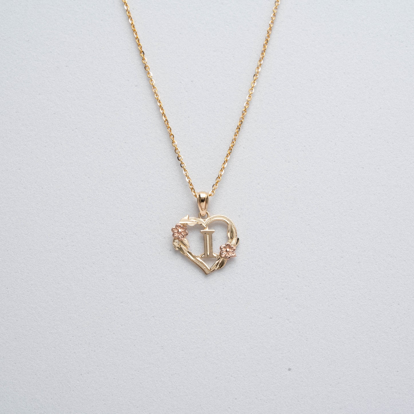 10K Rose Gold Blossom Heart I Initial Necklace