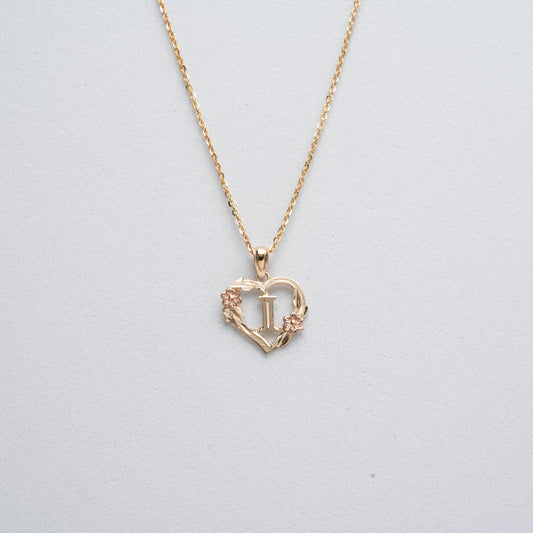 10K Rose Gold Blossom Heart I Initial Necklace