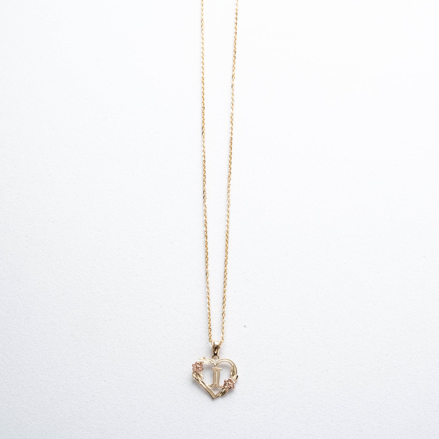 10K Rose Gold Blossom Heart I Initial Necklace