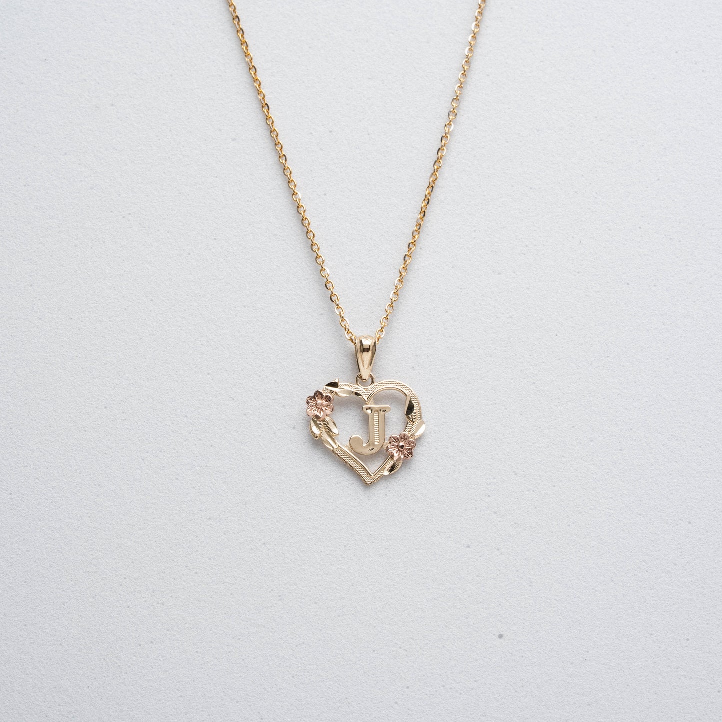10K Rose Gold Blossom Heart J Initial Necklace