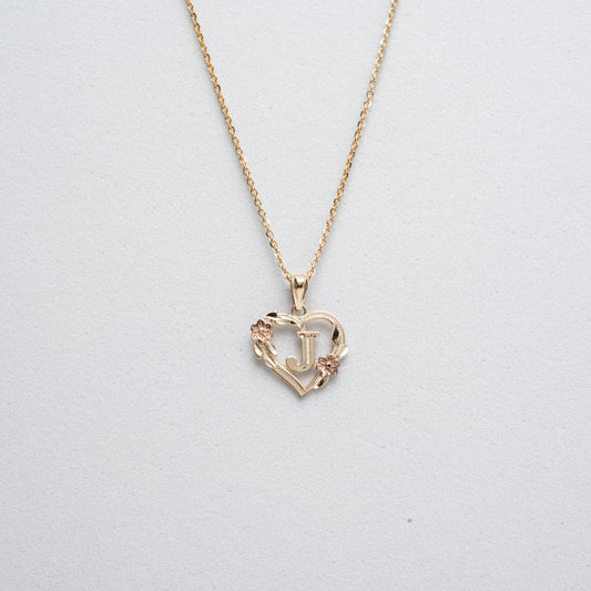 10K Rose Gold Blossom Heart J Initial Necklace