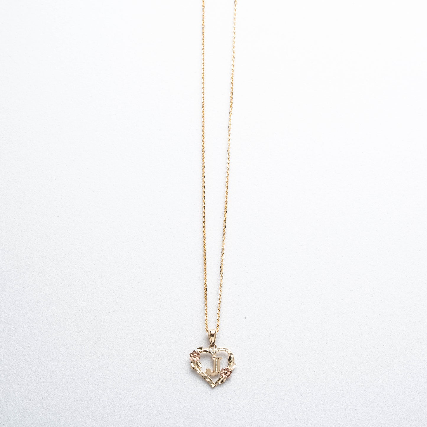 10K Rose Gold Blossom Heart J Initial Necklace