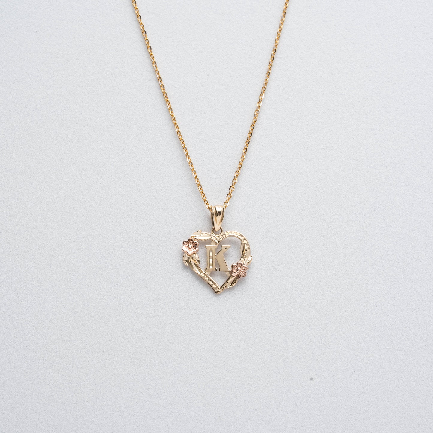 10K Rose Gold Blossom Heart K Initial Necklace