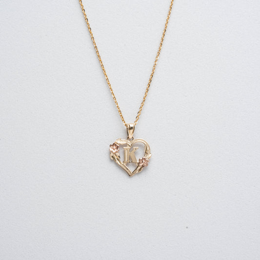10K Rose Gold Blossom Heart K Initial Necklace