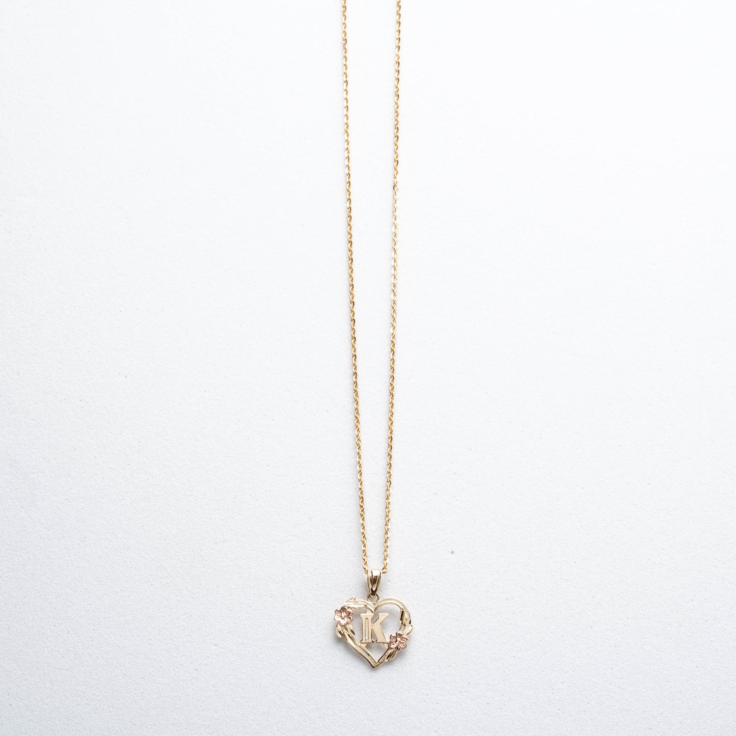 10K Rose Gold Blossom Heart K Initial Necklace