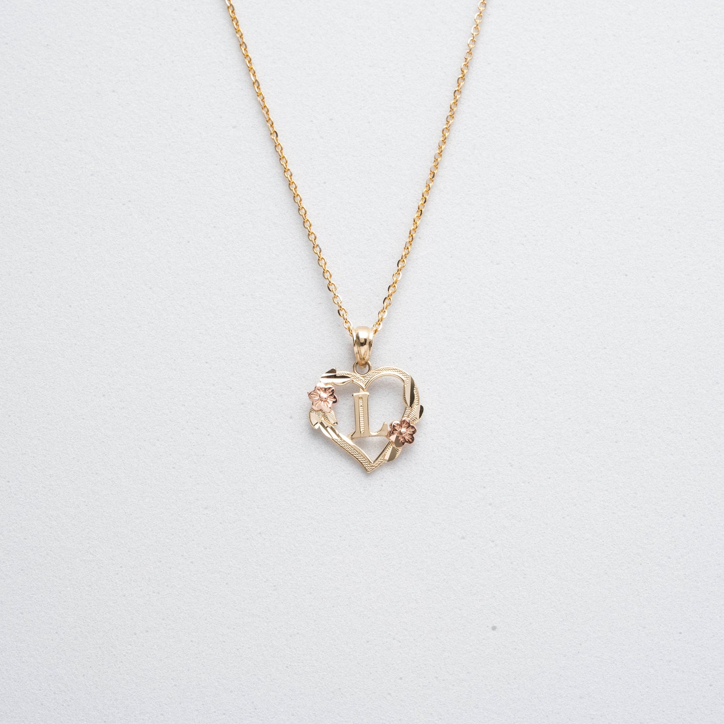 10K Rose Gold Blossom Heart L Initial Necklace