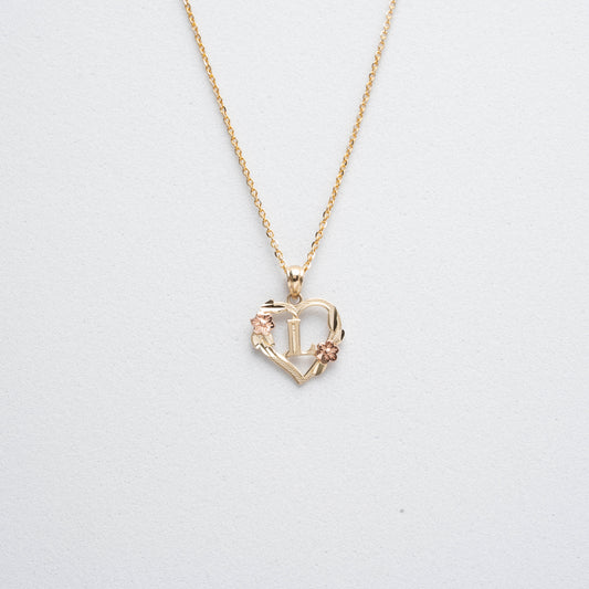 10K Rose Gold Blossom Heart L Initial Necklace