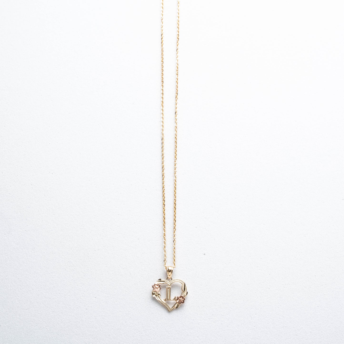 10K Rose Gold Blossom Heart L Initial Necklace