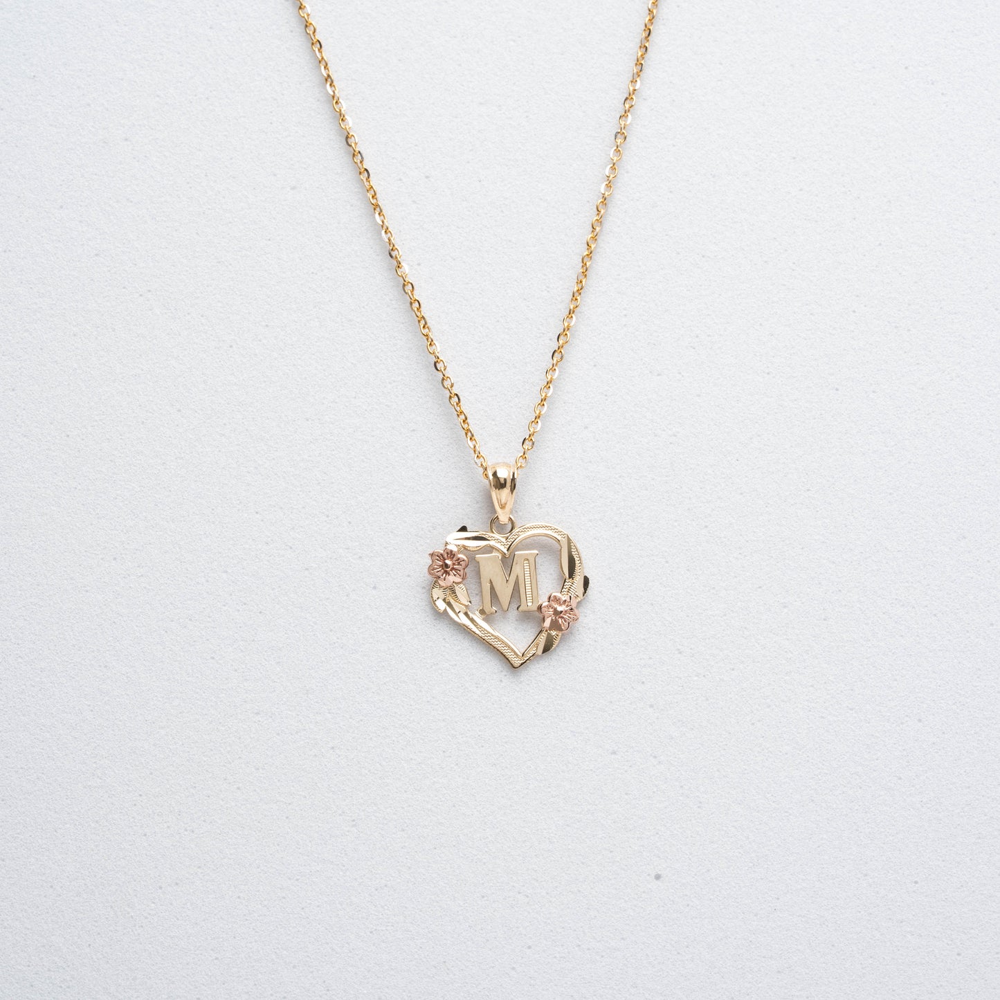 10K Rose Gold Blossom Heart M Initial Necklace
