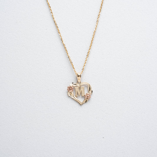 10K Rose Gold Blossom Heart M Initial Necklace
