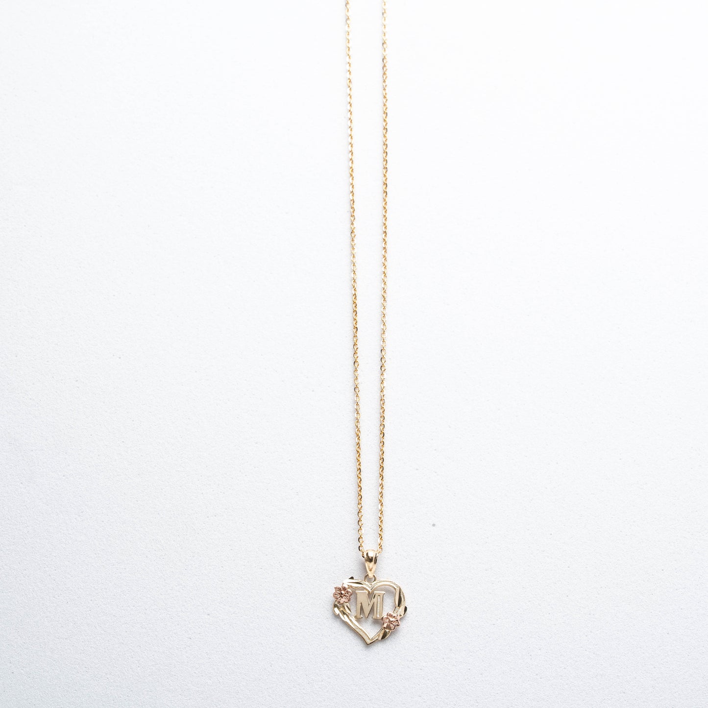 10K Rose Gold Blossom Heart M Initial Necklace