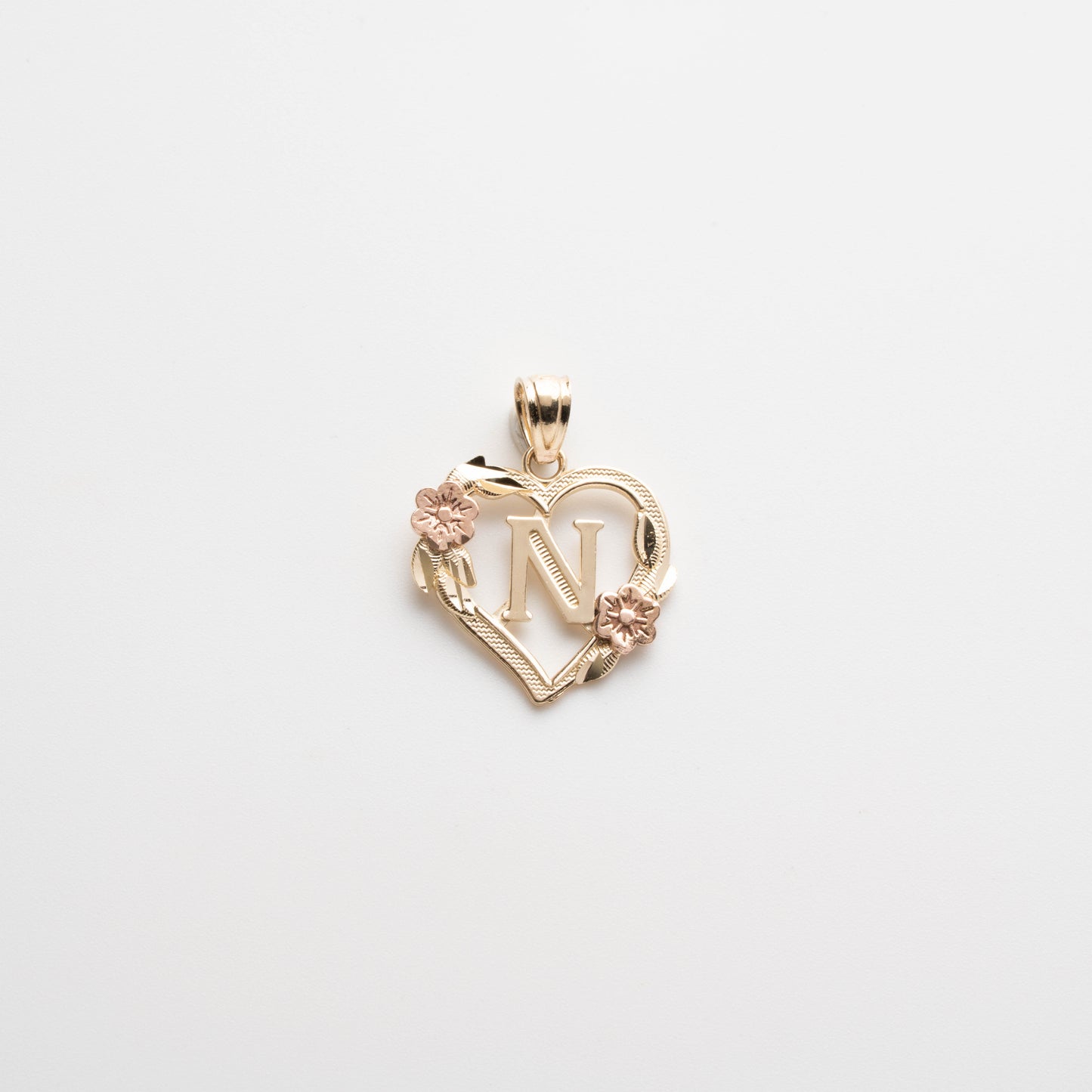 10K Rose Gold Blossom Heart N Initial Necklace