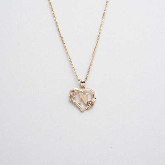 10K Rose Gold Blossom Heart N Initial Necklace