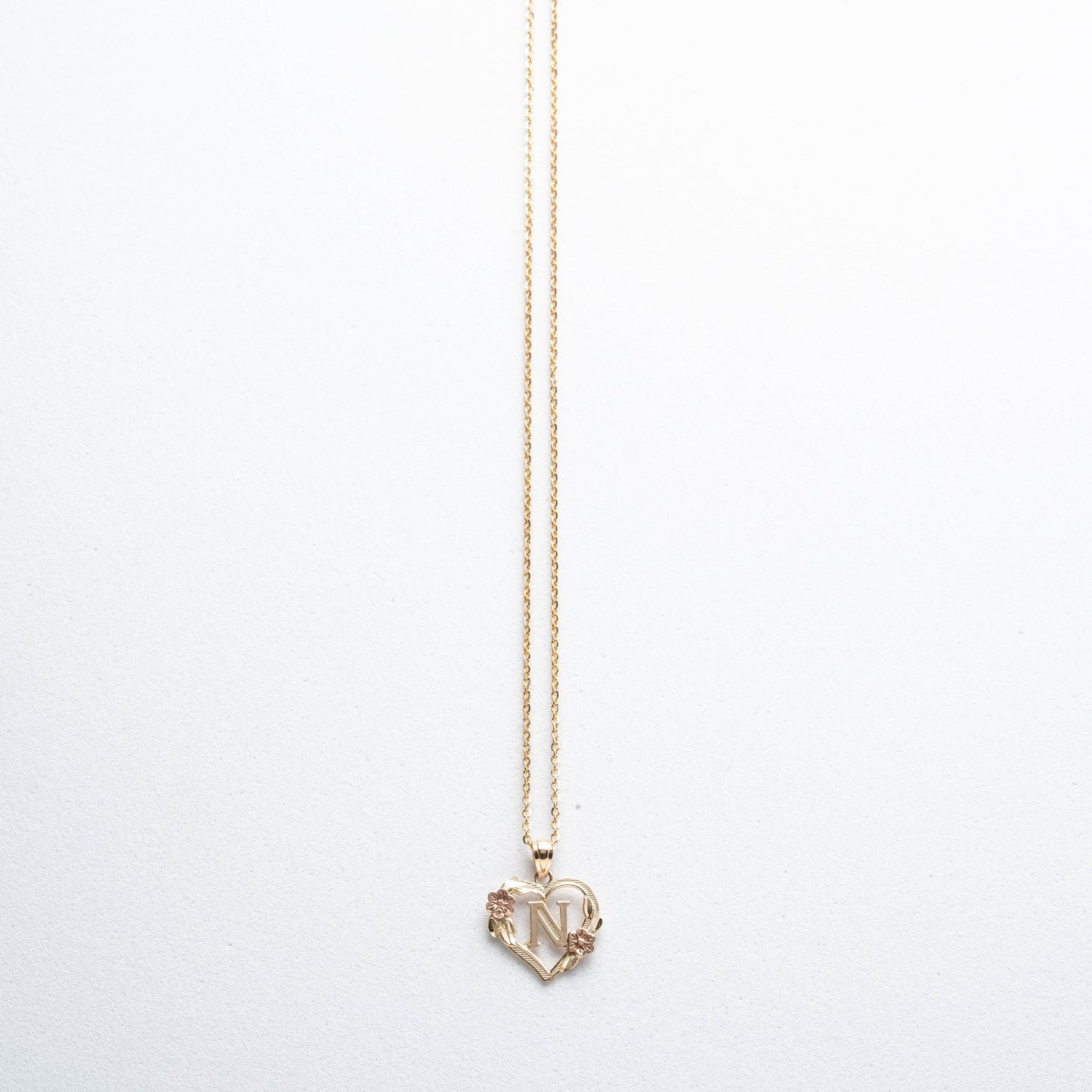 10K Rose Gold Blossom Heart N Initial Necklace