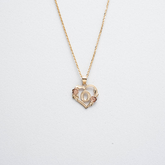 10K Rose Gold Blossom Heart O Initial Necklace