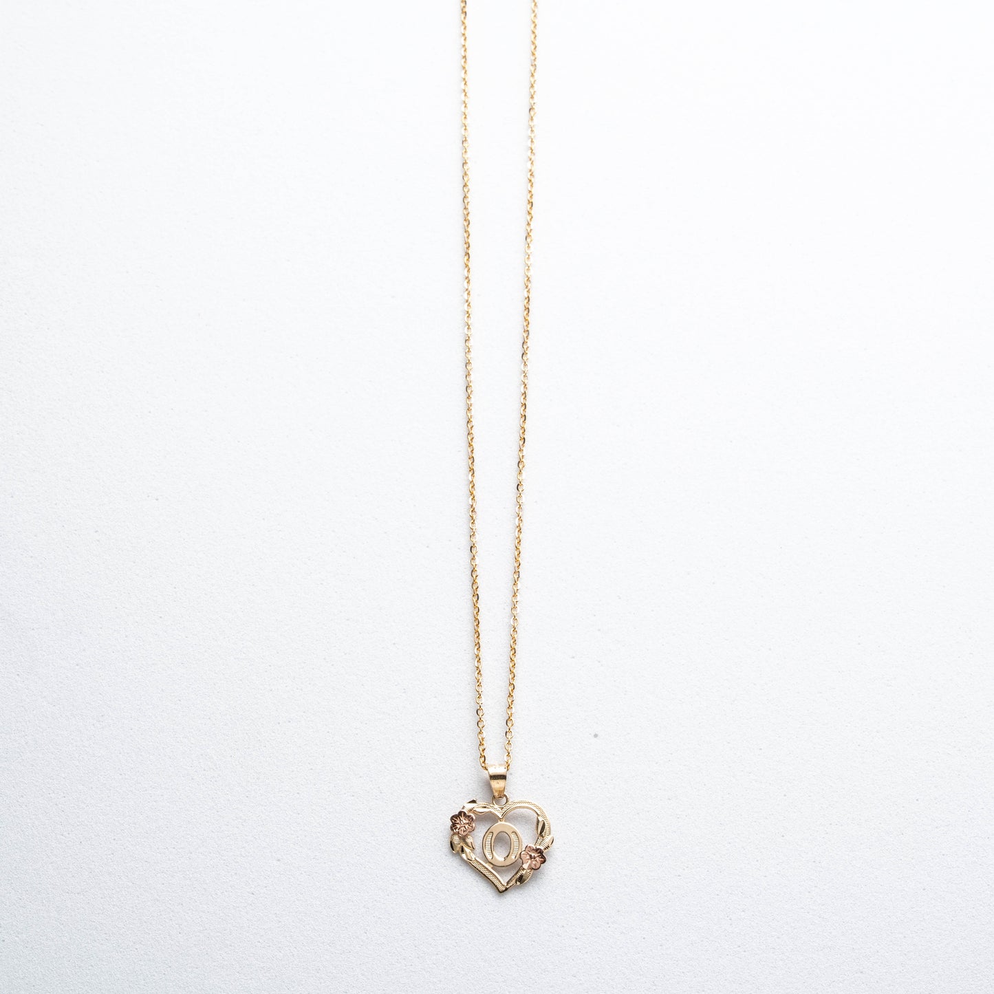 10K Rose Gold Blossom Heart O Initial Necklace