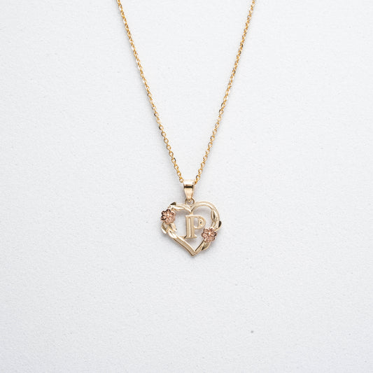 10K Rose Gold Blossom Heart P Initial Necklace