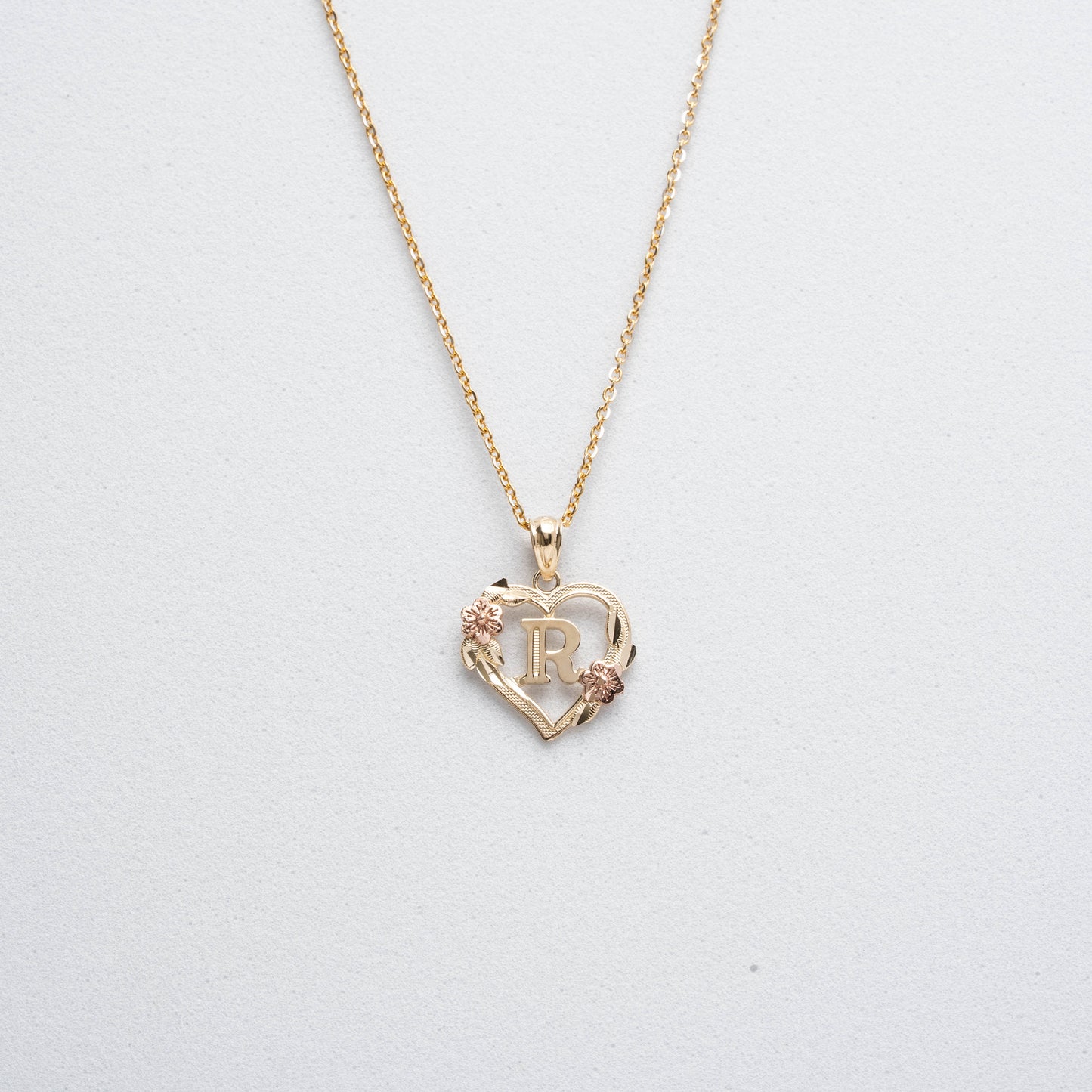 10K Rose Gold Blossom Heart R Initial Necklace